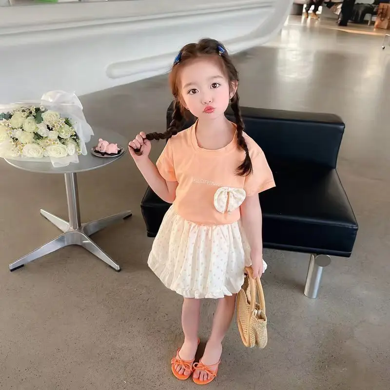 Summer Girls Two-Piece Suit Peach Bow Short Sleeve T-Shirt Short Skirt — feature 8