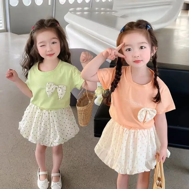 Summer Girls Two-Piece Suit Peach Bow Short Sleeve T-Shirt Short Skirt — feature 9