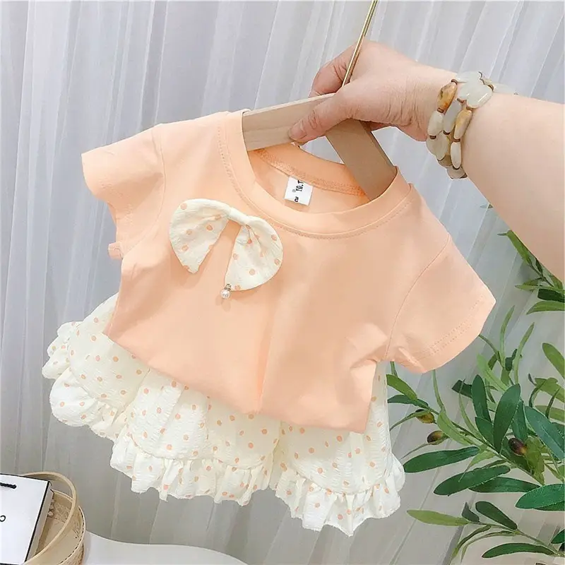 Summer Girls Two-Piece Suit Peach Bow Short Sleeve T-Shirt Short Skirt - Image 2