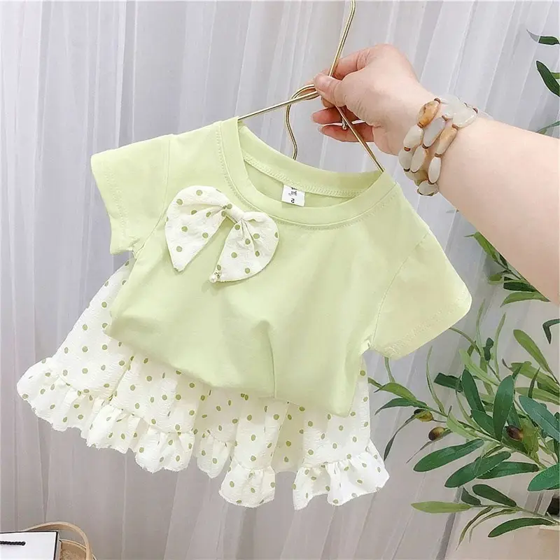 Summer Girls Two-Piece Suit Peach Bow Short Sleeve T-Shirt Short Skirt - Image 8