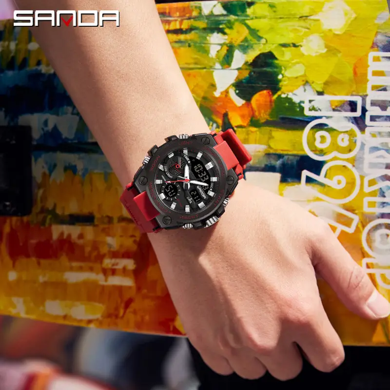Sanda Red Multi-Functional Waterproof Watch for Boys Teenagers