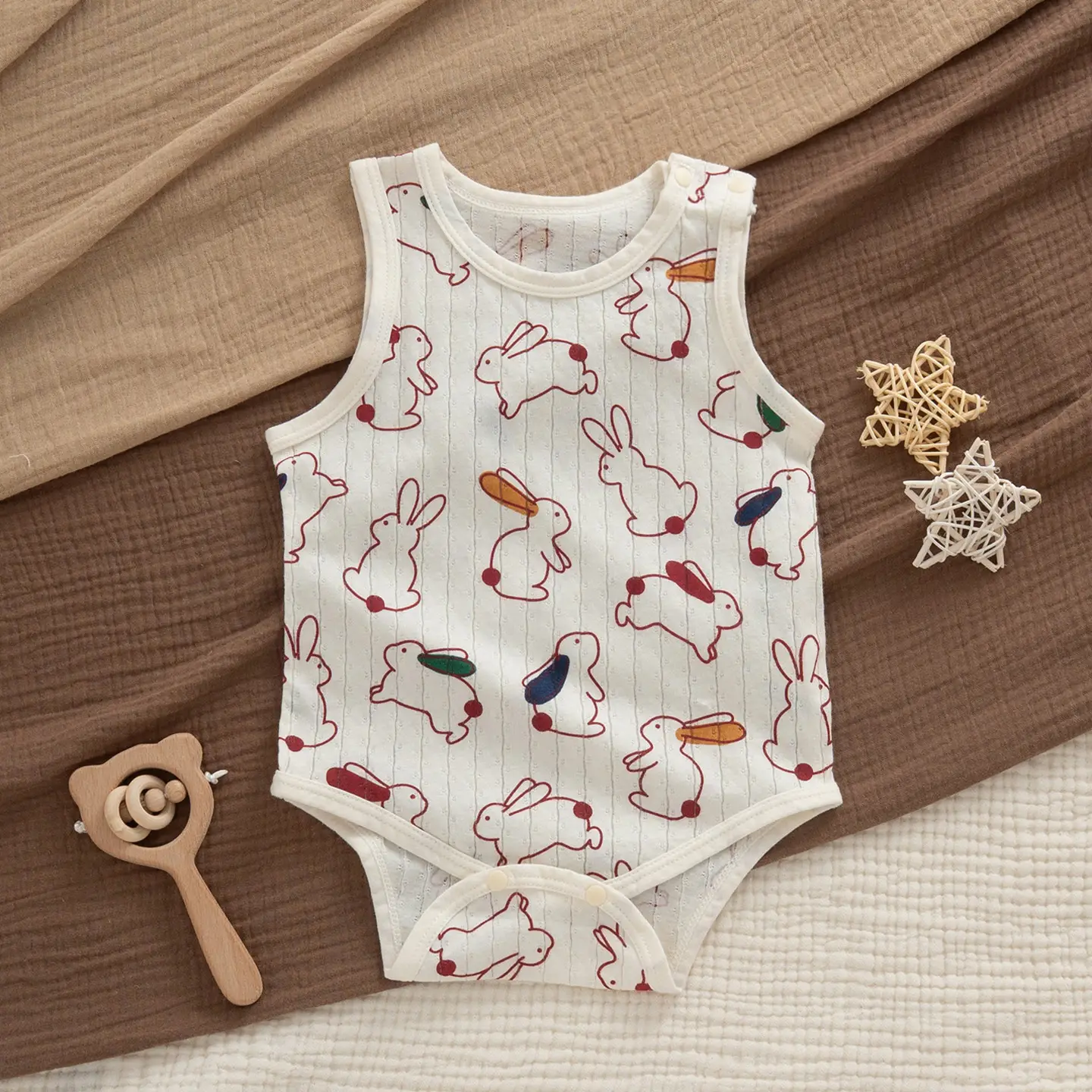 Baby Cotton Vest with Bear Embroidery & Bone Closure - Image 2