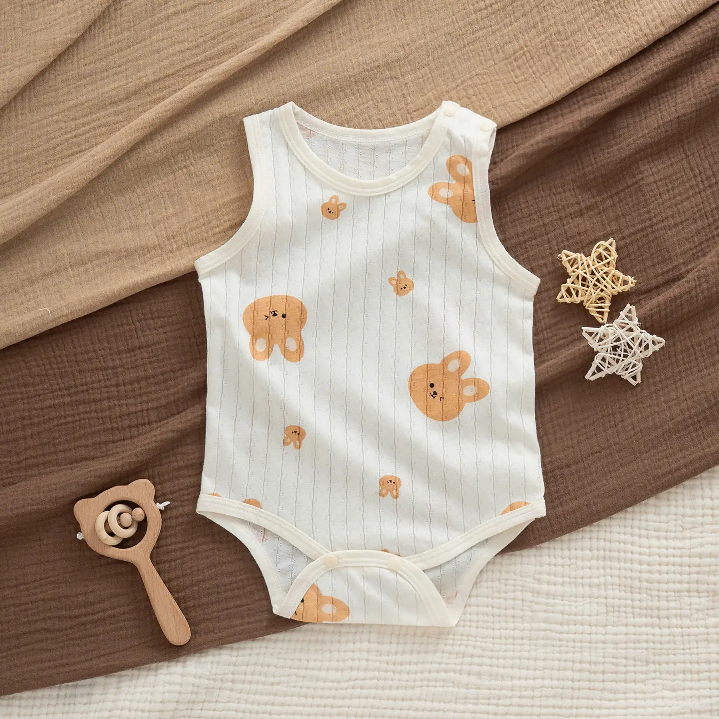 Baby Cotton Vest with Bear Embroidery & Bone Closure - Image 3