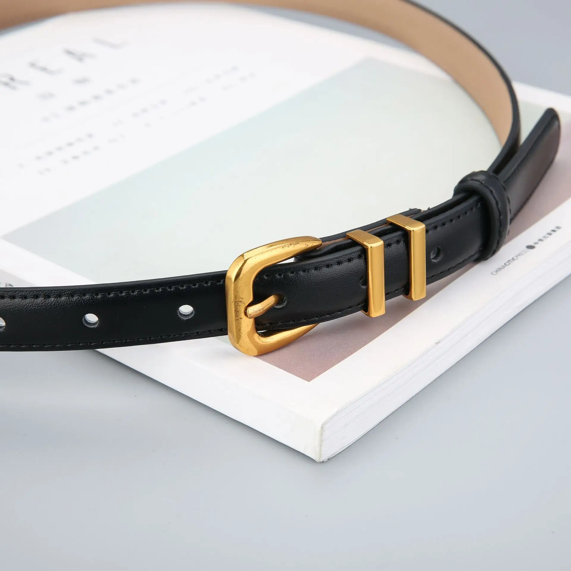Women's Black Cowhide Belt with Gold Buckle - Image 10