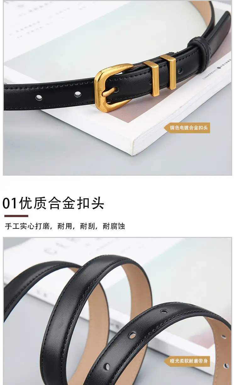 Women's Black Cowhide Belt with Gold Buckle β feature 8
