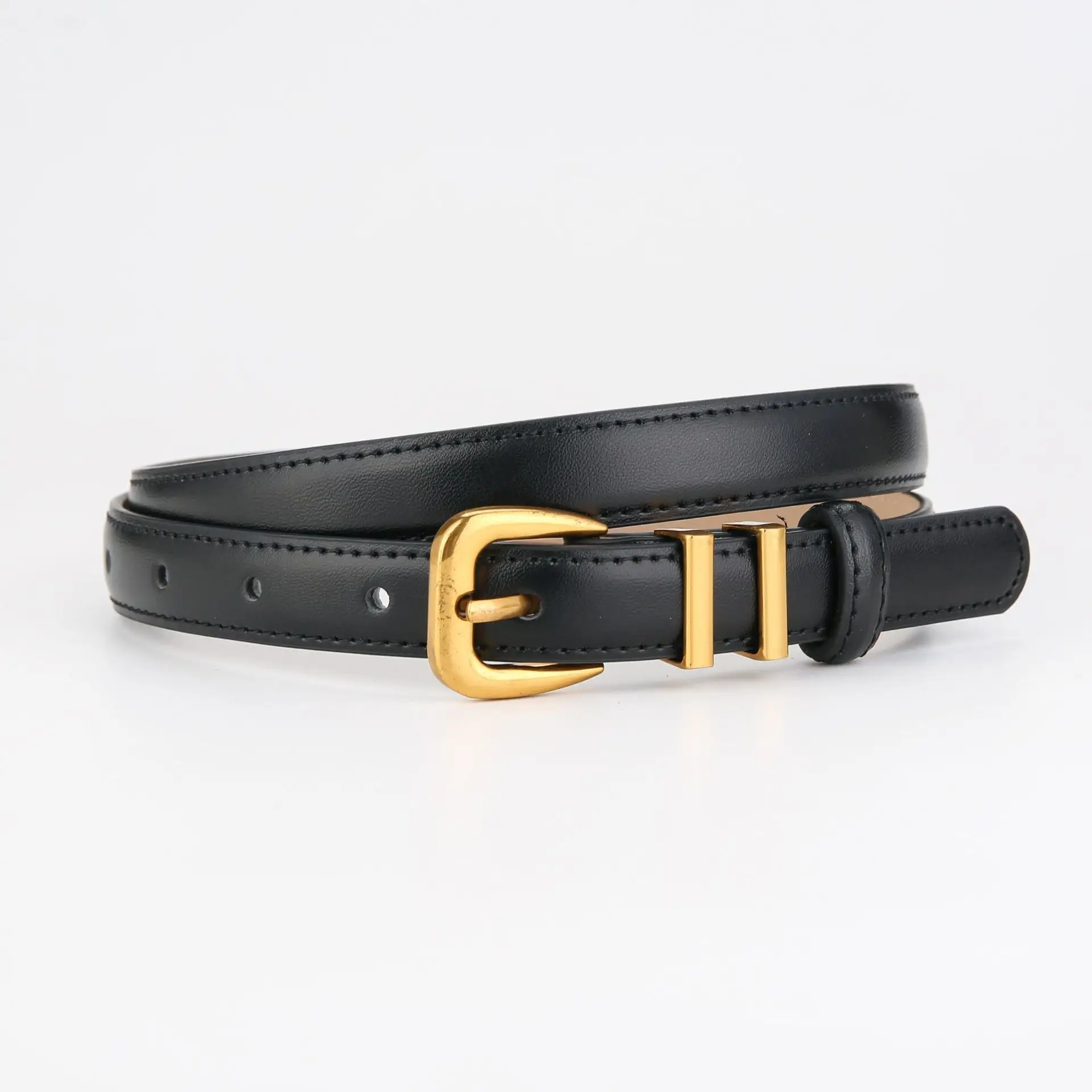 Women's Black Cowhide Belt with Gold Buckle