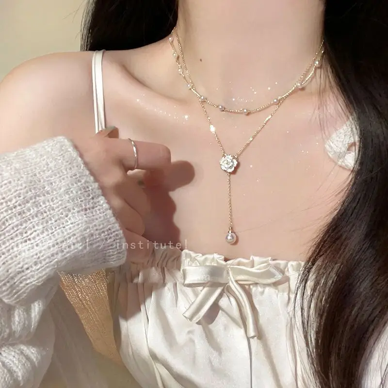 Camellia Double Layer Pearl Necklace Women's Summer Light - Image 3