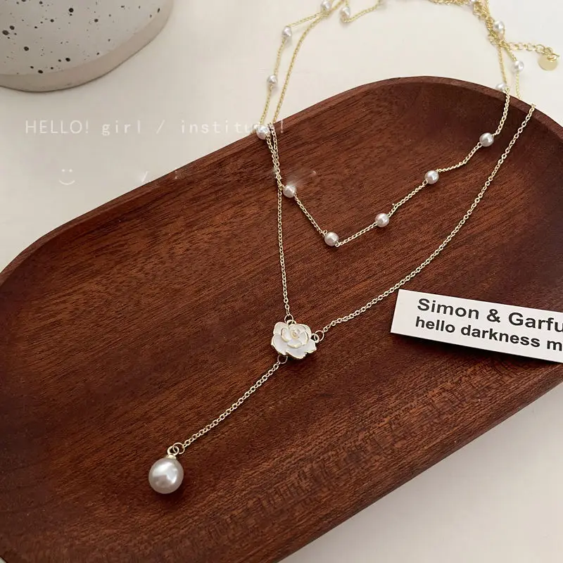 Camellia Double Layer Pearl Necklace Women's Summer Light - Image 5