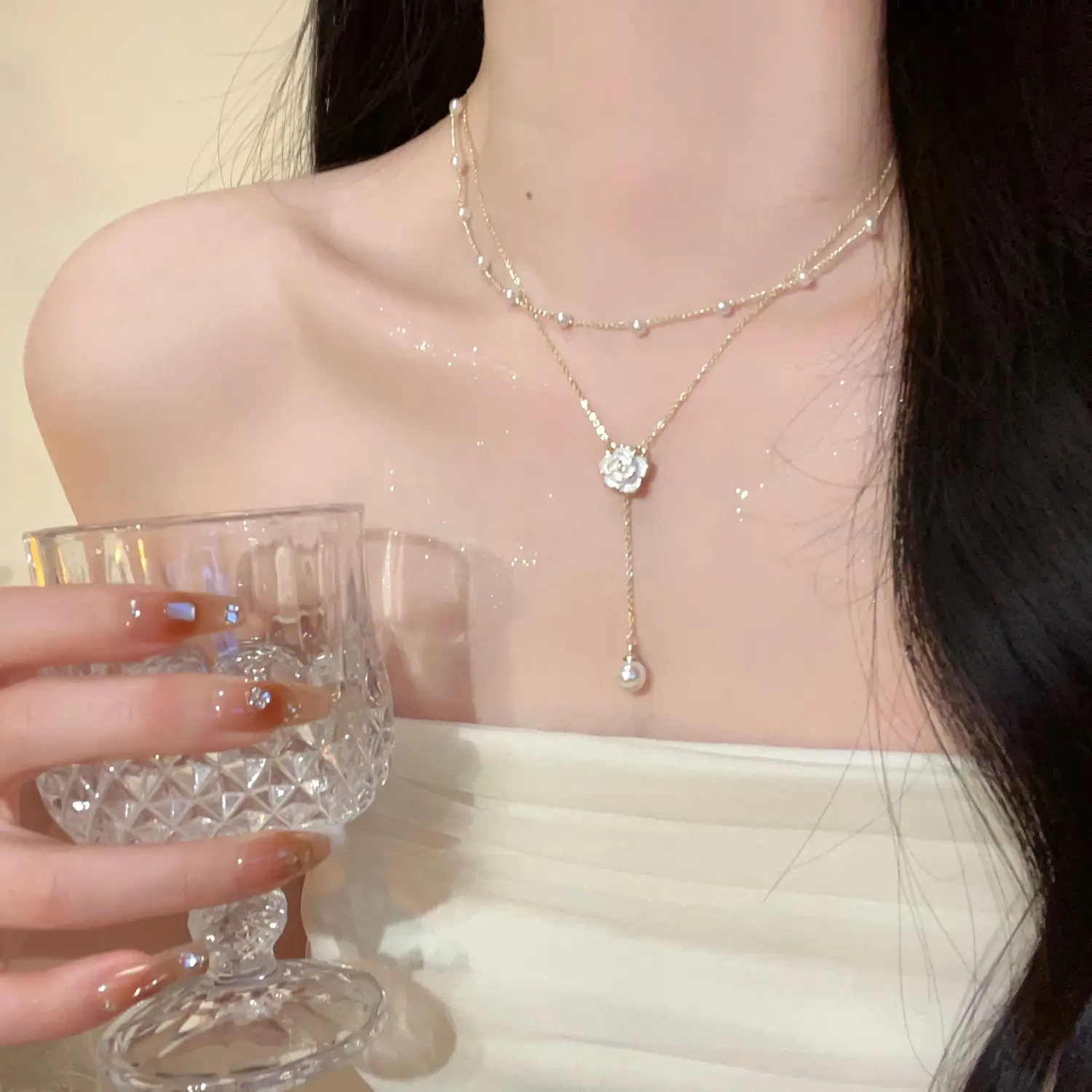 Camellia Double Layer Pearl Necklace Women's Summer Light — feature 12