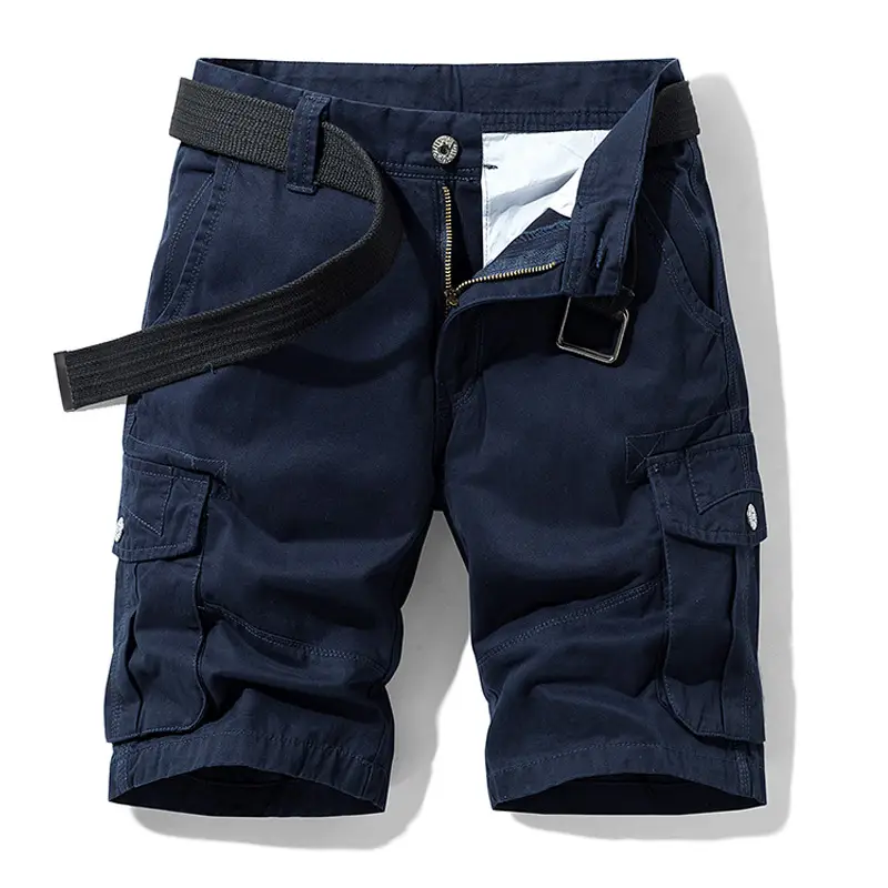 Men's Navy Blue Multi-Pocket Half-Shorts with Belt