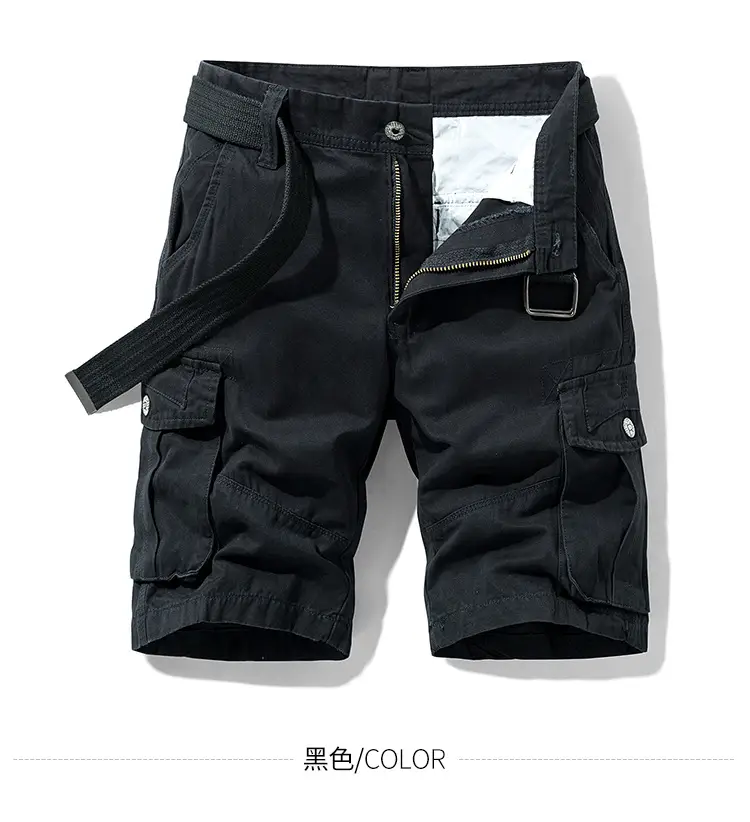 Men's Navy Blue Multi-Pocket Half-Shorts with Belt — feature 13