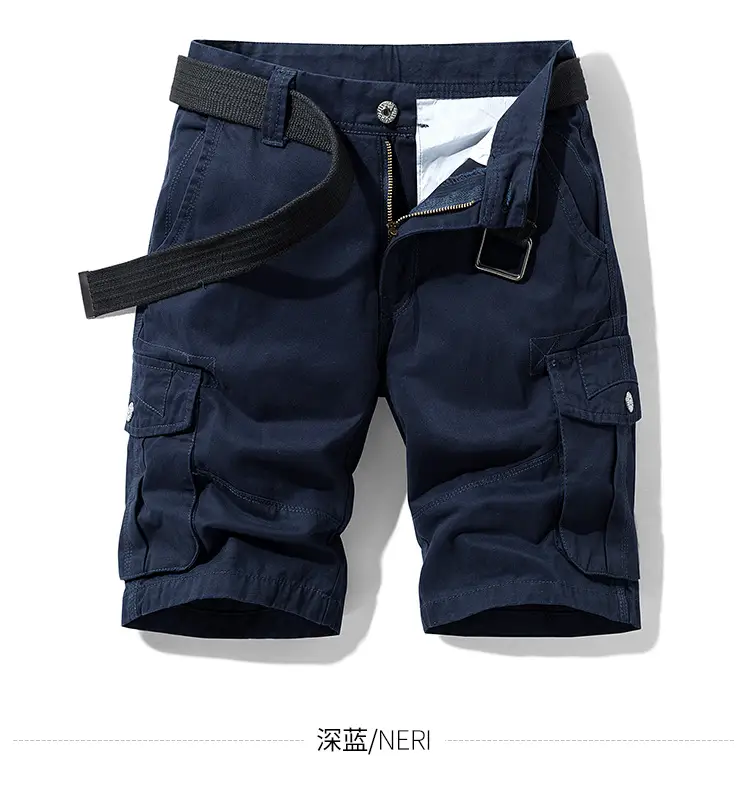 Men's Navy Blue Multi-Pocket Half-Shorts with Belt — feature 15