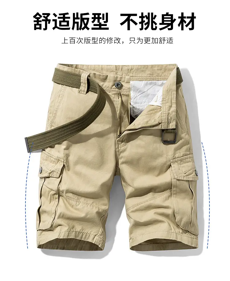 Men's Navy Blue Multi-Pocket Half-Shorts with Belt — feature 7