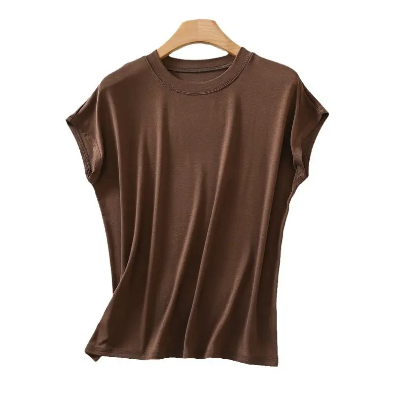 Women Brown Modal T-Shirt Short Sleeve Loose Fit - Image 20