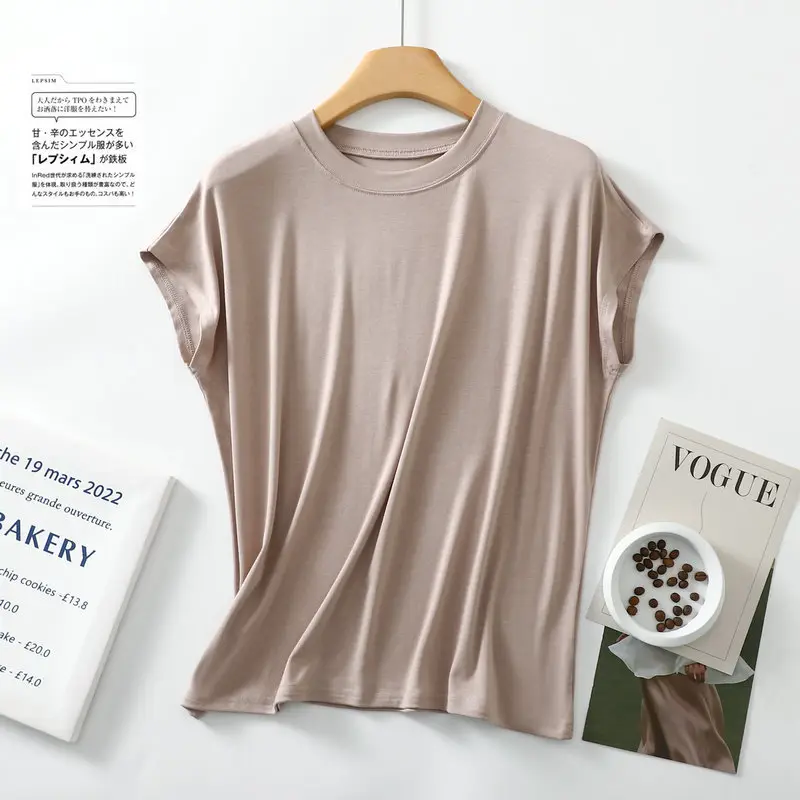 Women Brown Modal T-Shirt Short Sleeve Loose Fit — feature 31