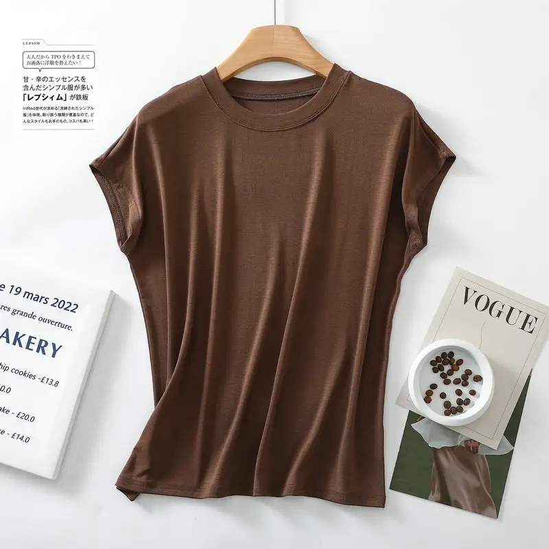 Women Brown Modal T-Shirt Short Sleeve Loose Fit — feature 37