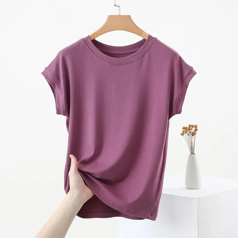 Women Brown Modal T-Shirt Short Sleeve Loose Fit — feature 9