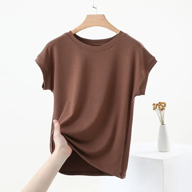 Women Brown Modal T-Shirt Short Sleeve Loose Fit - Image 14