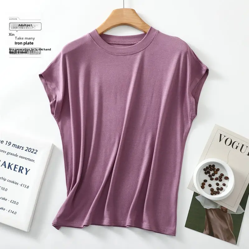 Women Brown Modal T-Shirt Short Sleeve Loose Fit - Image 9
