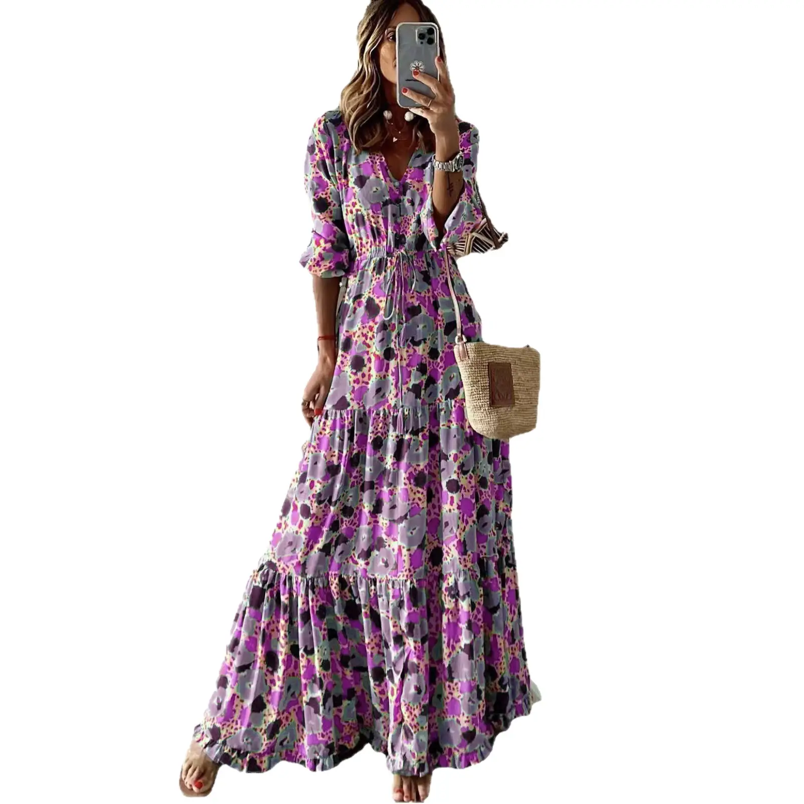 Printed Long Dress V Neck Large Hem Floral