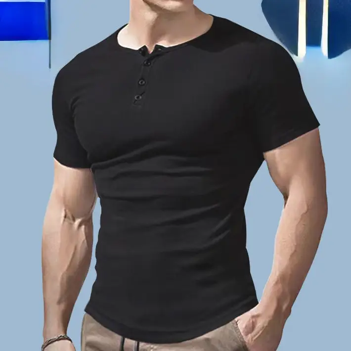 Men Blue Cotton T-Shirt Short Sleeve Retro European - Image 7