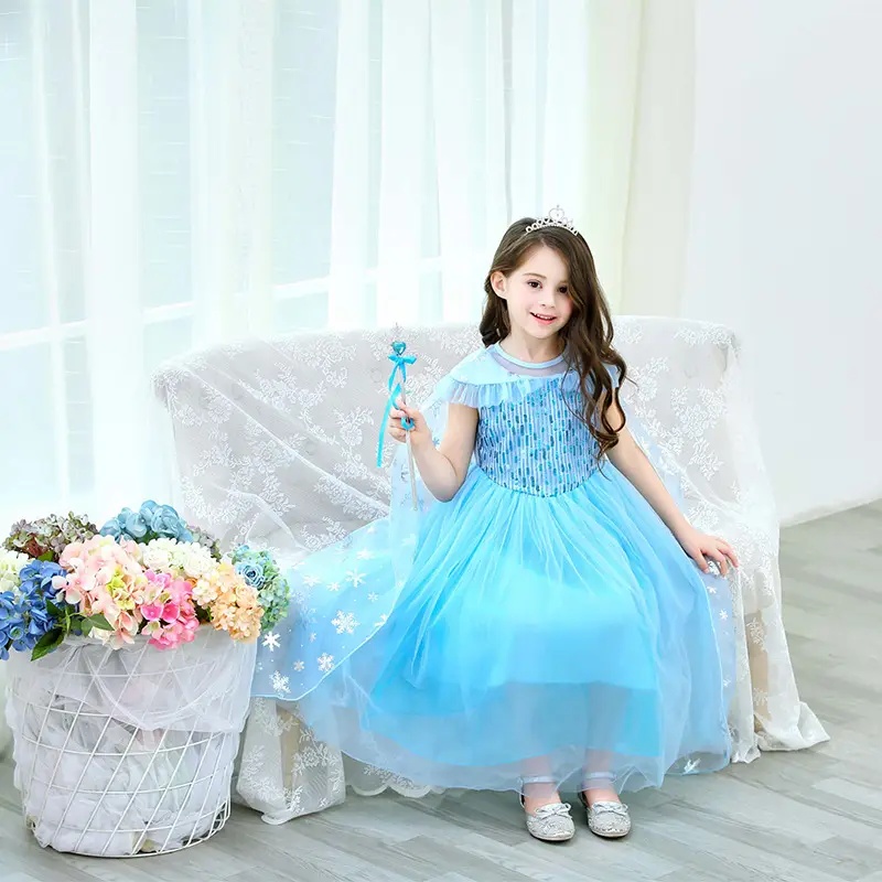 Frozen Elsa Princess Dress Blue Fluffy Gauze with Cape - Image 3