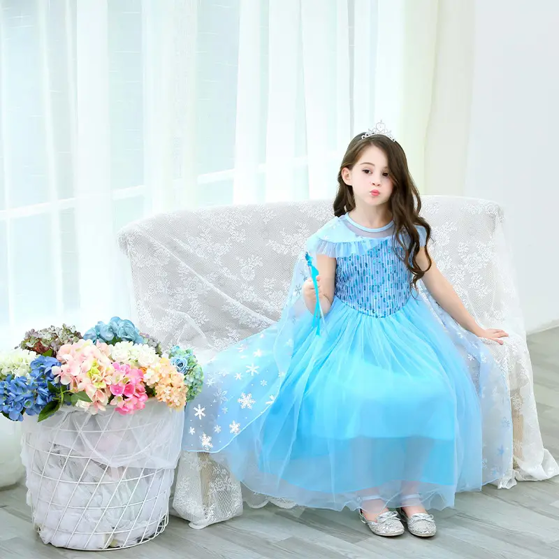 Frozen Elsa Princess Dress Blue Fluffy Gauze with Cape — feature 6