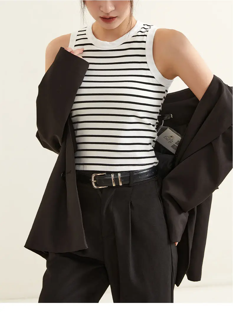 Women Striped Integrated Vest Bra Cup Wide Shoulder Waist Short Vest — feature 4