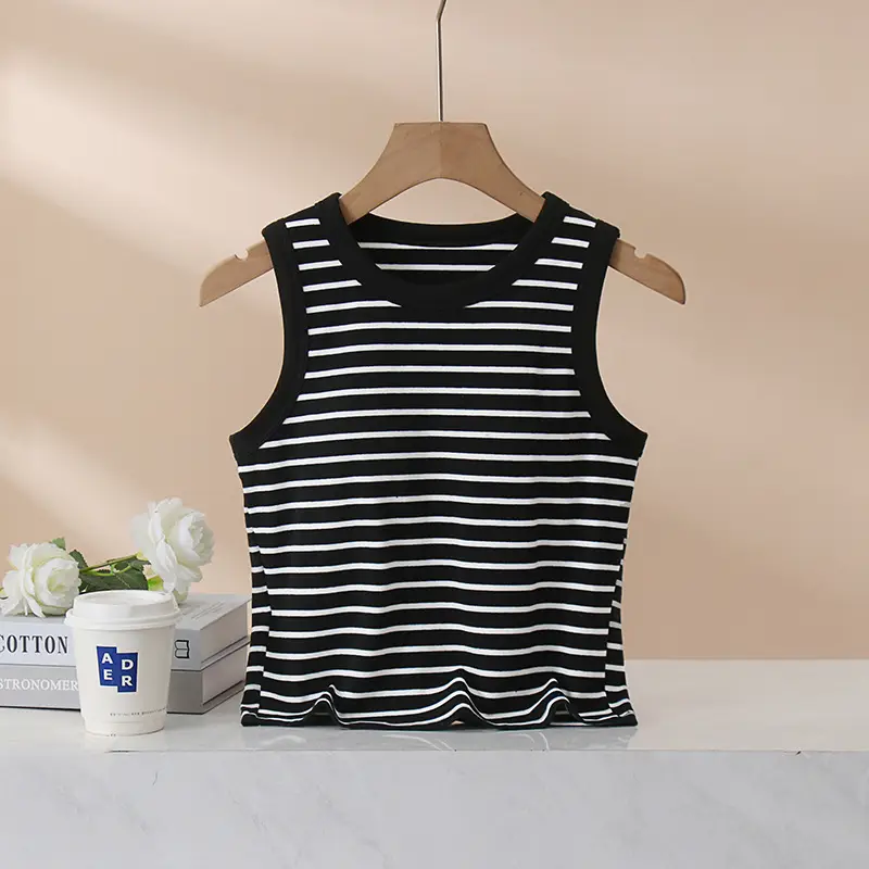 Women Striped Integrated Vest Bra Cup Wide Shoulder Waist Short Vest - Image 2