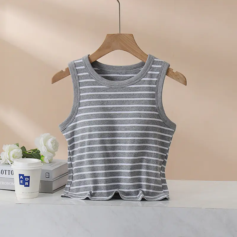 Women Striped Integrated Vest Bra Cup Wide Shoulder Waist Short Vest - Image 3