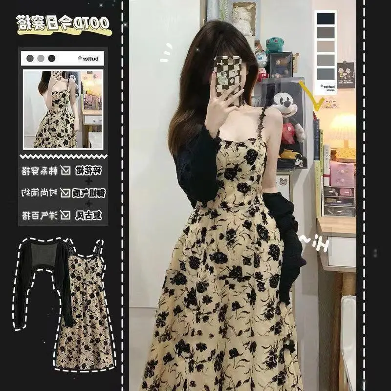 2025 Summer Vintage Floral Sling Dress Hepburn Style Chic Long Dress Two-piece Suit - Image 7