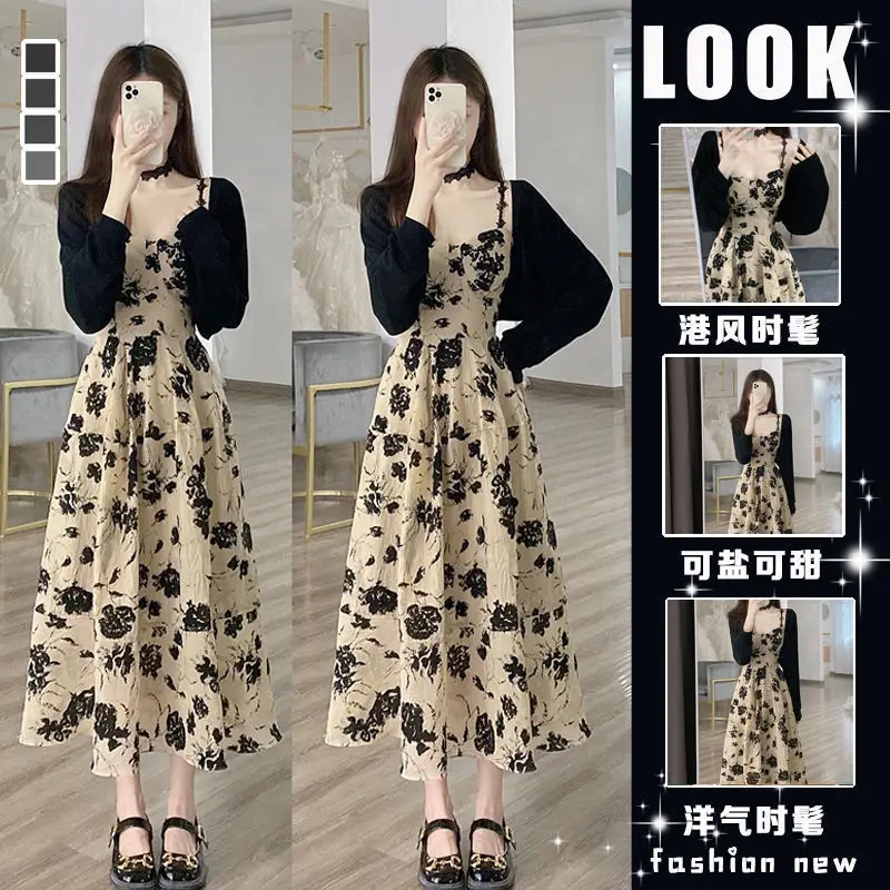 2025 Summer Vintage Floral Sling Dress Hepburn Style Chic Long Dress Two-piece Suit β feature 38