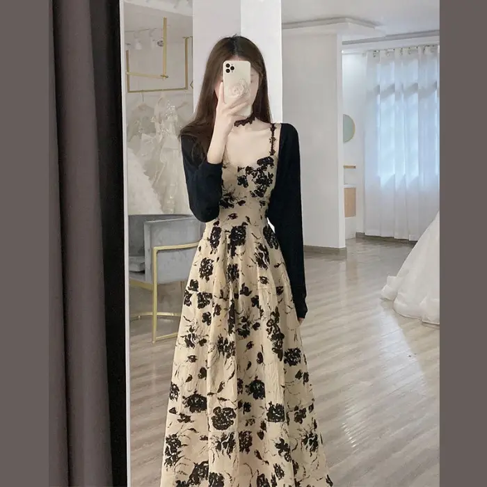 2025 Summer Vintage Floral Sling Dress Hepburn Style Chic Long Dress Two-piece Suit - Image 2