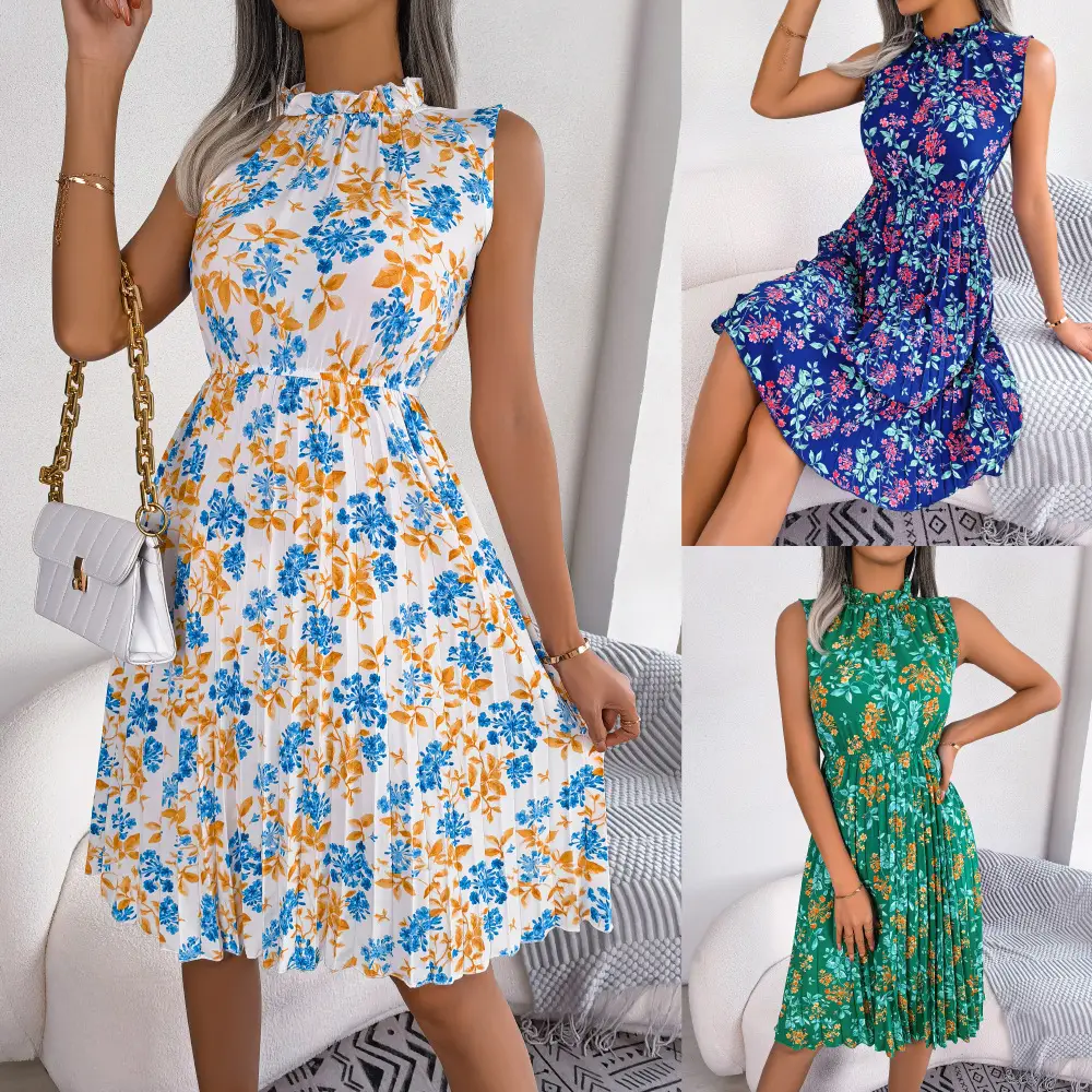 Blue Floral Pleated Summer Dress for Women - Image 4