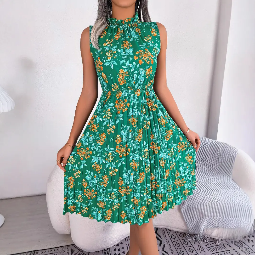 Blue Floral Pleated Summer Dress for Women - Image 7