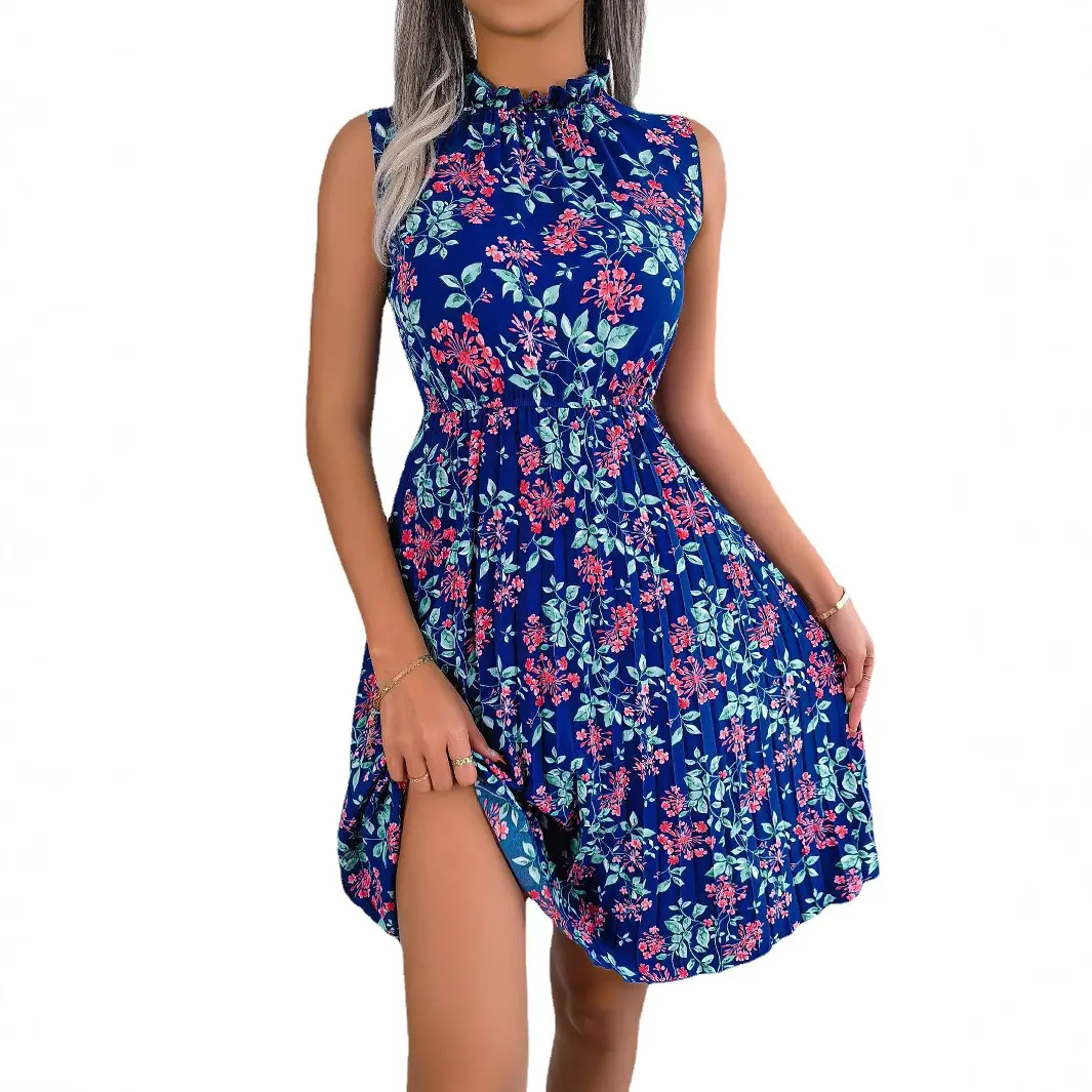Blue Floral Pleated Summer Dress for Women - Image 8