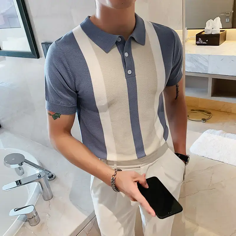 Light Mature Men Polo Shirt Blue White Striped Short Sleeve - Image 2