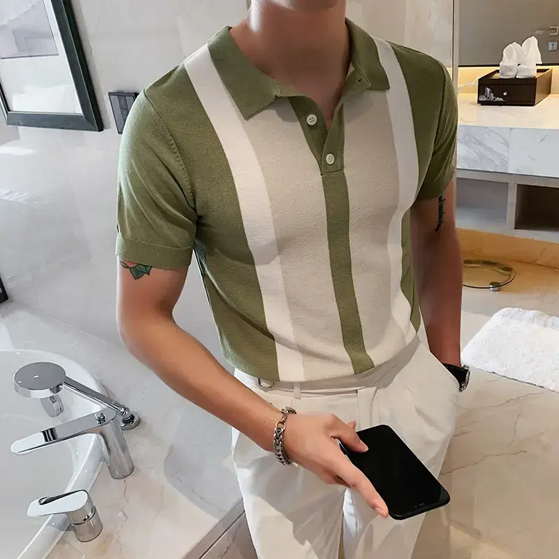 Light Mature Men Polo Shirt Blue White Striped Short Sleeve - Image 3