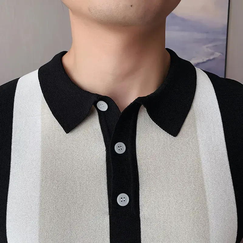 Light Mature Men Polo Shirt Blue White Striped Short Sleeve - Image 4