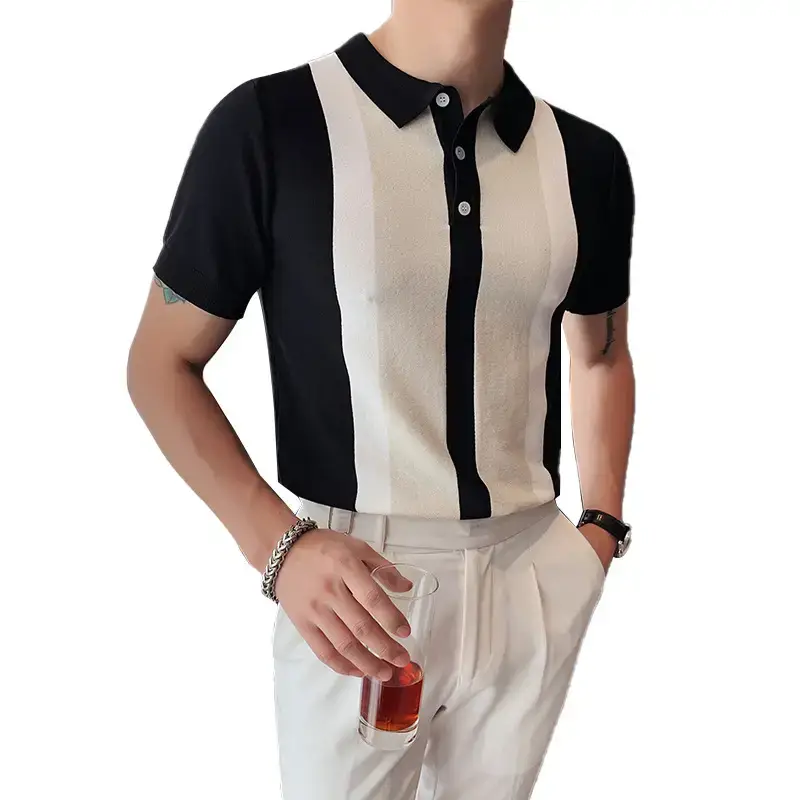 Light Mature Men Polo Shirt Blue White Striped Short Sleeve - Image 5