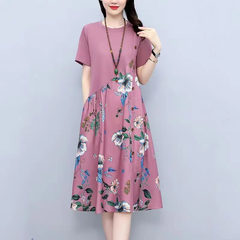 Women Floral Print A-Line Skirt Dress Pink - Image 6