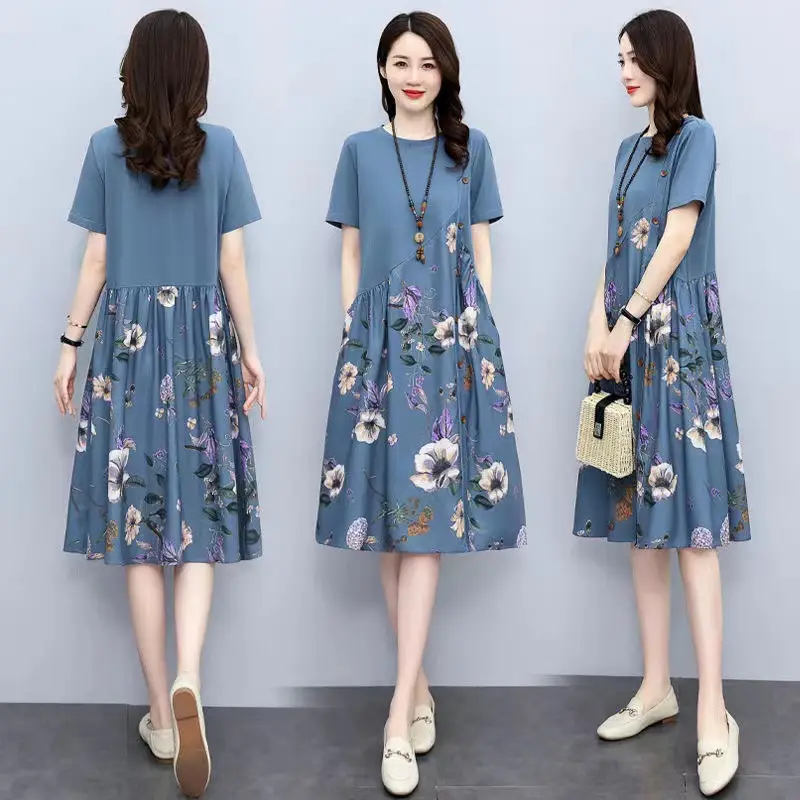 Women Floral Print A-Line Skirt Dress Pink - Image 7