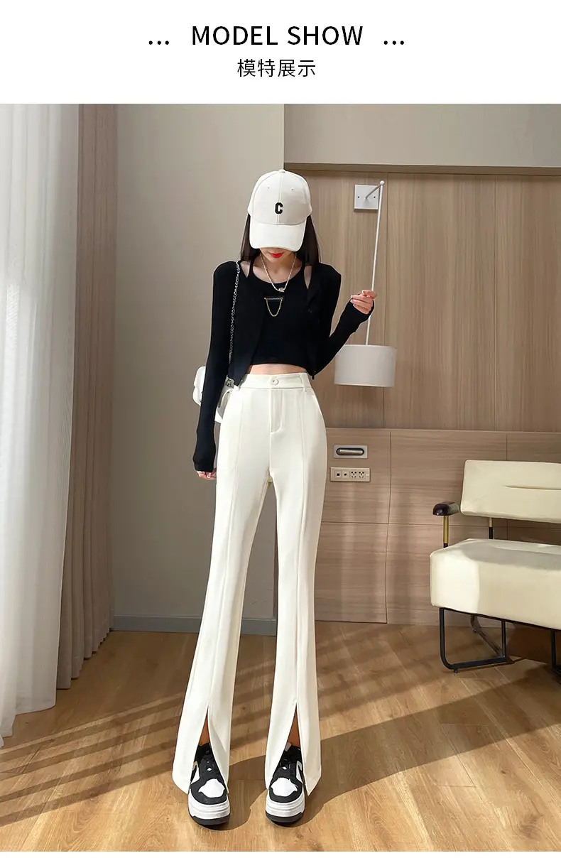 Women's White Slim Fit Bell Bottom Pants with High Waist — feature 14