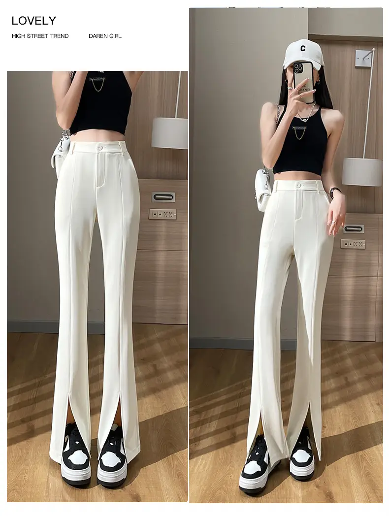 Women's White Slim Fit Bell Bottom Pants with High Waist — feature 15