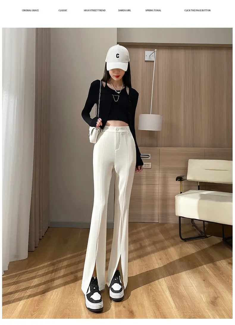 Women's White Slim Fit Bell Bottom Pants with High Waist — feature 17