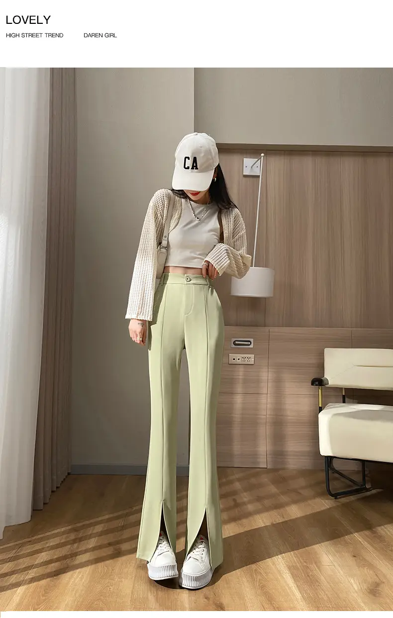 Women's White Slim Fit Bell Bottom Pants with High Waist — feature 18