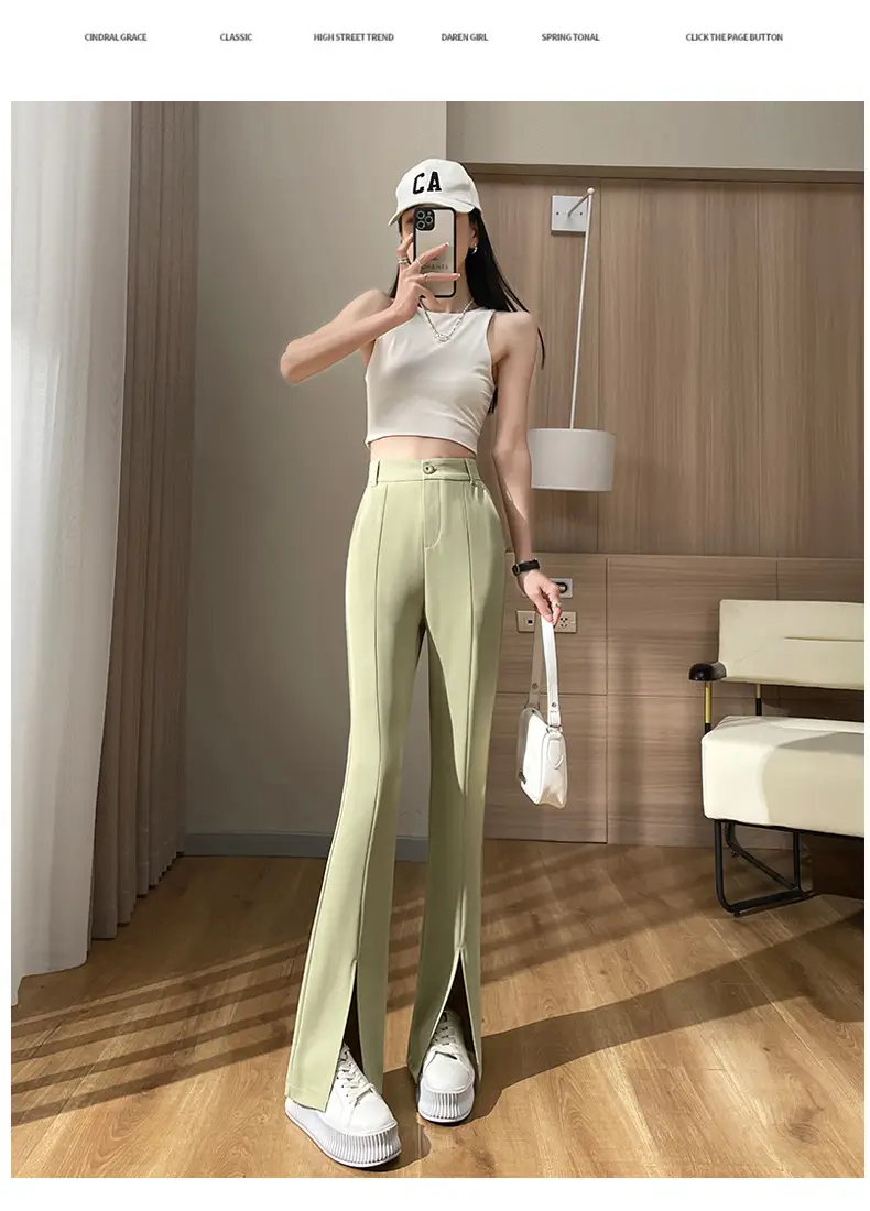 Women's White Slim Fit Bell Bottom Pants with High Waist — feature 21
