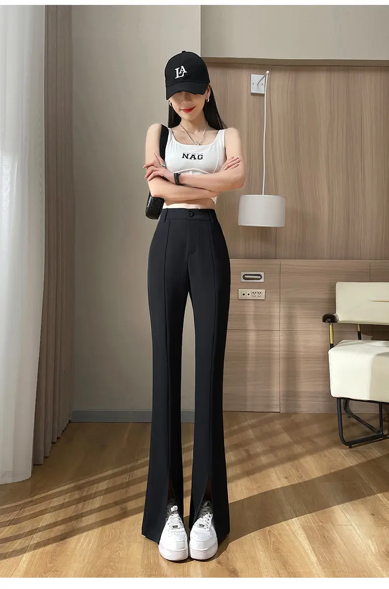 Women's White Slim Fit Bell Bottom Pants with High Waist — feature 26