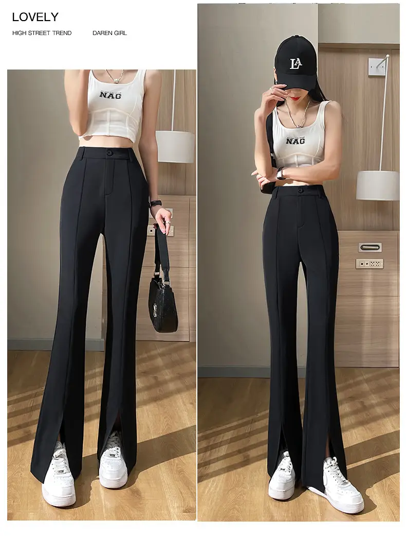 Women's White Slim Fit Bell Bottom Pants with High Waist — feature 27