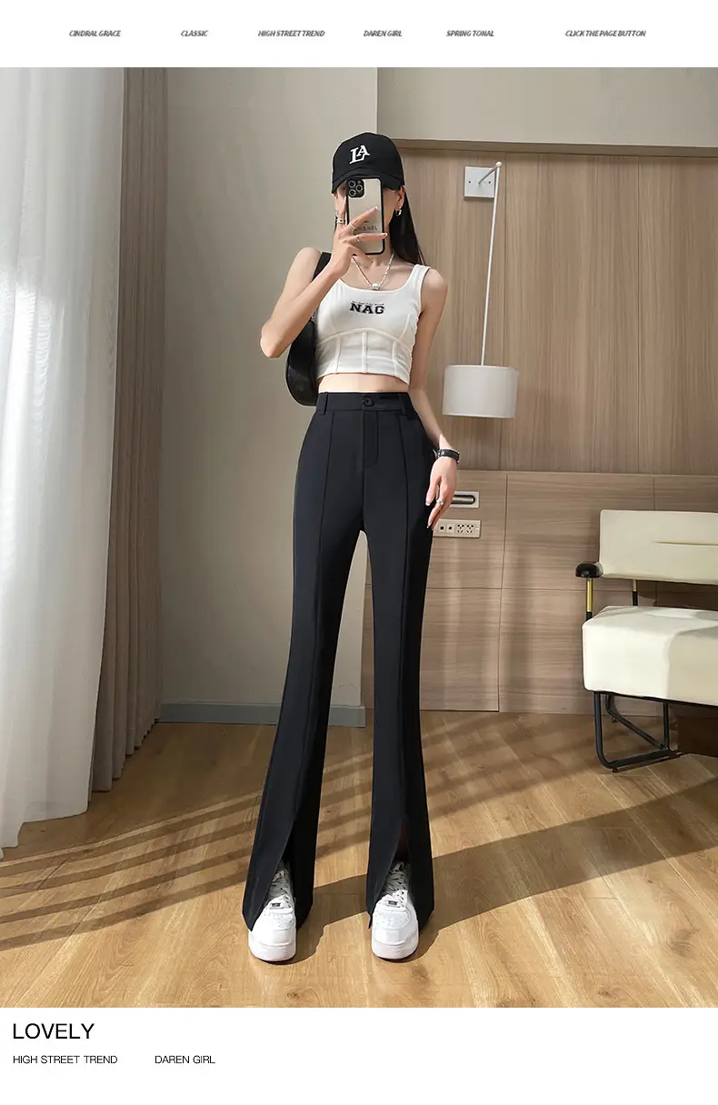 Women's White Slim Fit Bell Bottom Pants with High Waist — feature 29